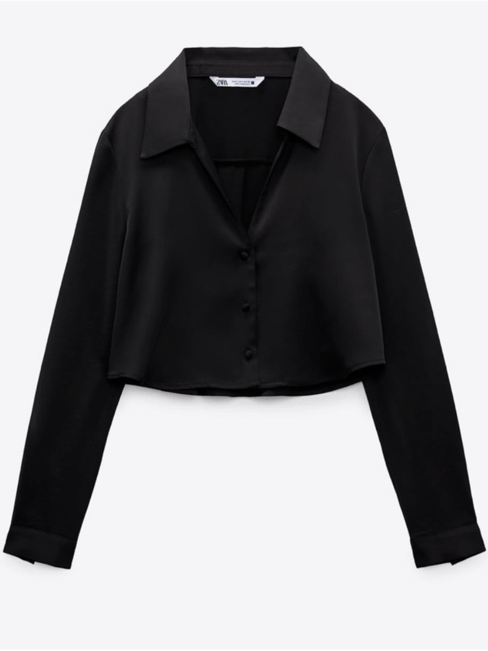 Zara Black Satin Cropped Button-Down Shirt
